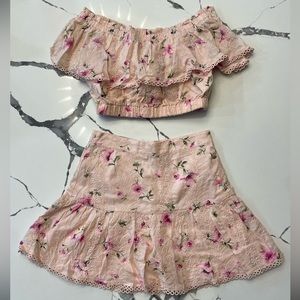 Two piece pink floral crop top and skirt